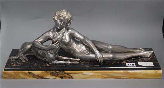 A French Art Deco silvered metal group of a girl with borzoi, after Le Bruns length 55cm